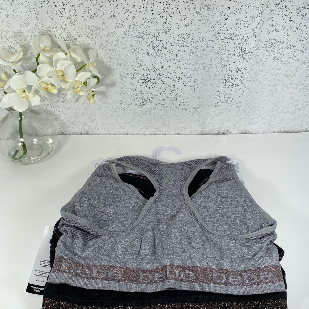 🆕 Bebe Black & Grey with Logo Trim Sports Bra Set - Picture 4 of 6